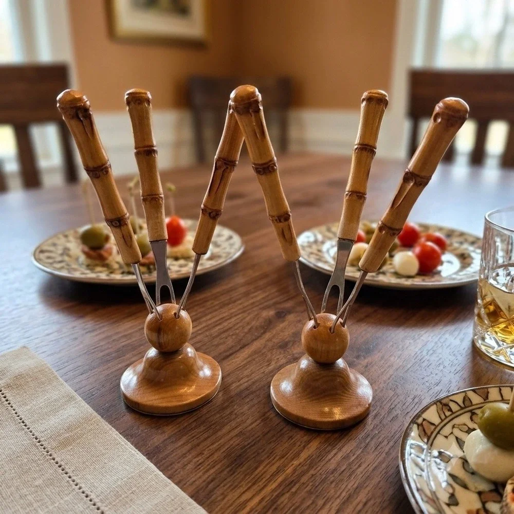 Vintage Heinz Reiffig Leipzig Bamboo Style Cocktail Pick Set Wood Base 6 Forks